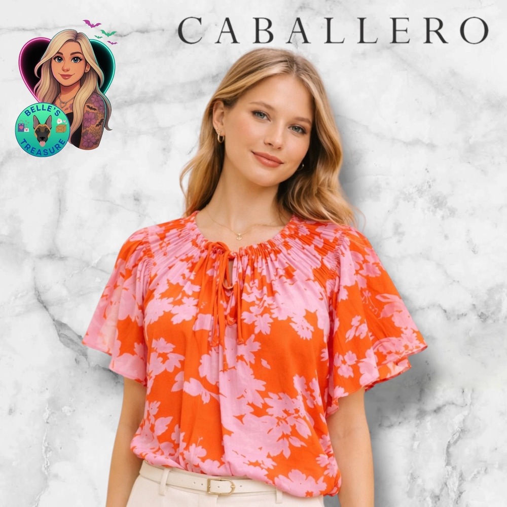 Caballero Anthropologie Top Women Large Kelsie Flutter Sleeve Blouse Orange Pink